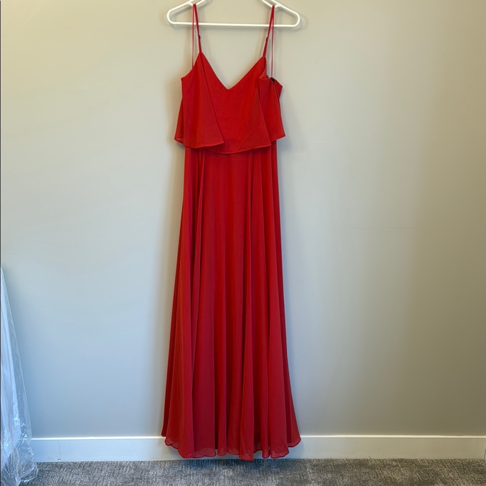 Red Maxi Dress with Spaghetti Straps and V-Neck